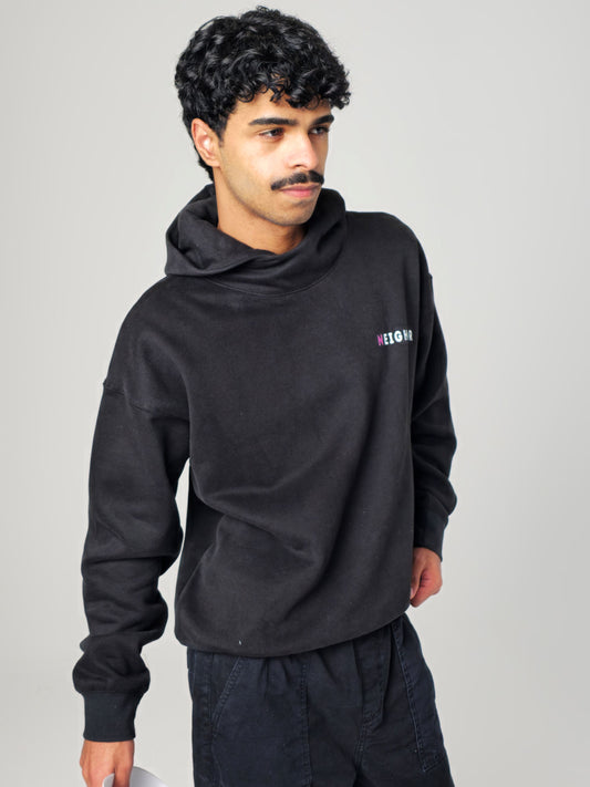 NEIGHBOR STAY TRUE OVERSIZED HIGH NECK HOODIE - BLACK