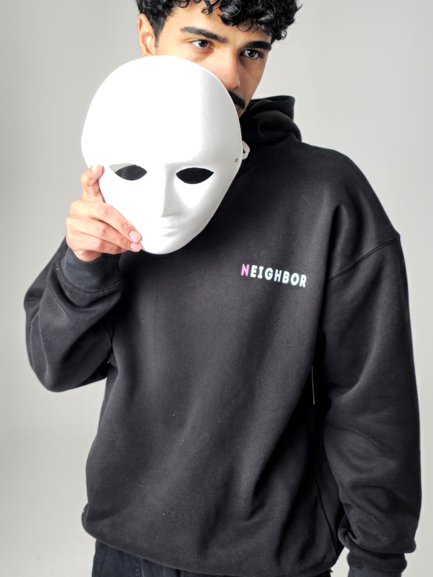 NEIGHBOR STAY TRUE OVERSIZED HIGH NECK HOODIE - BLACK