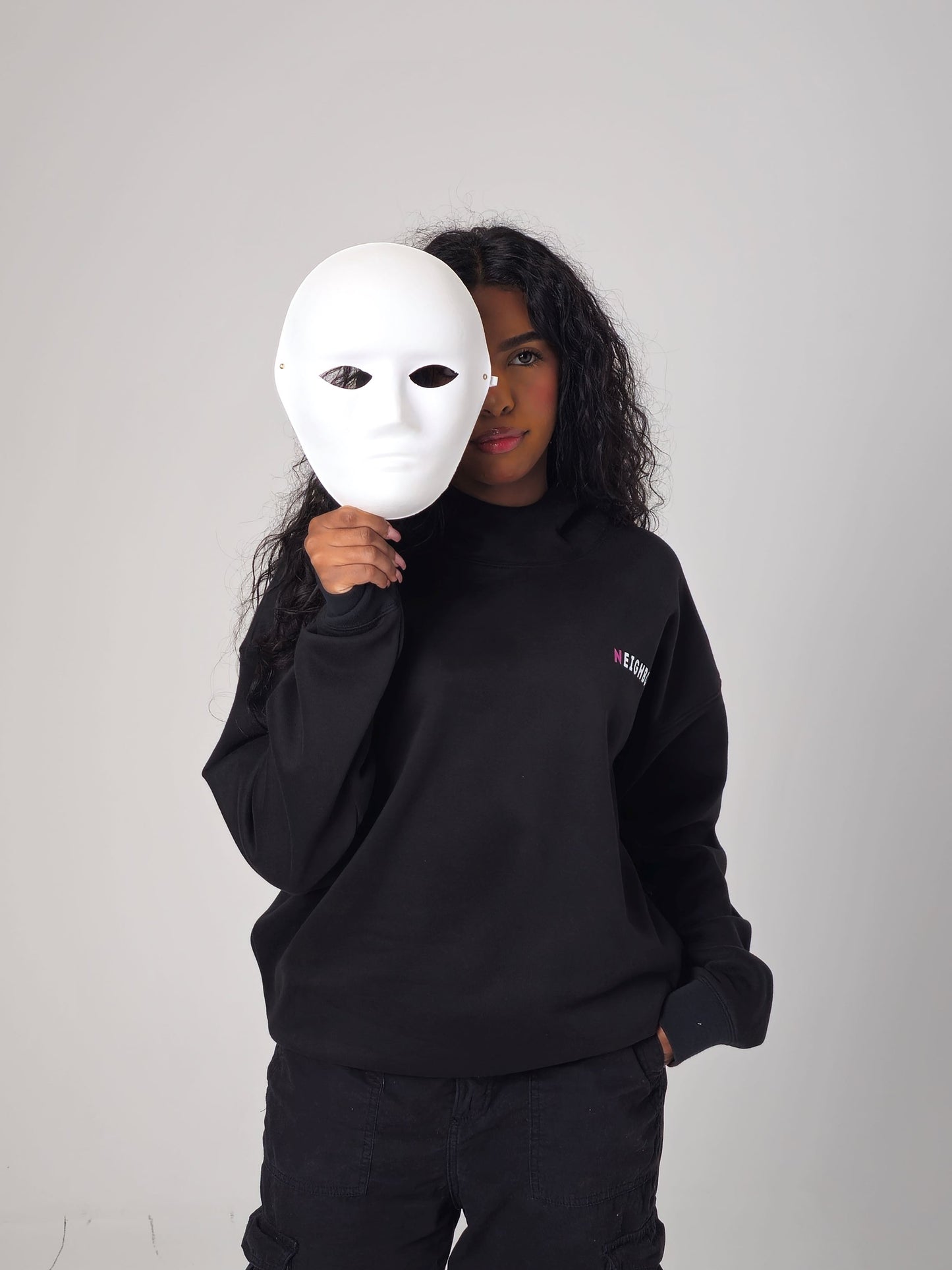 NEIGHBOR STAY TRUE OVERSIZED HIGH NECK HOODIE - BLACK