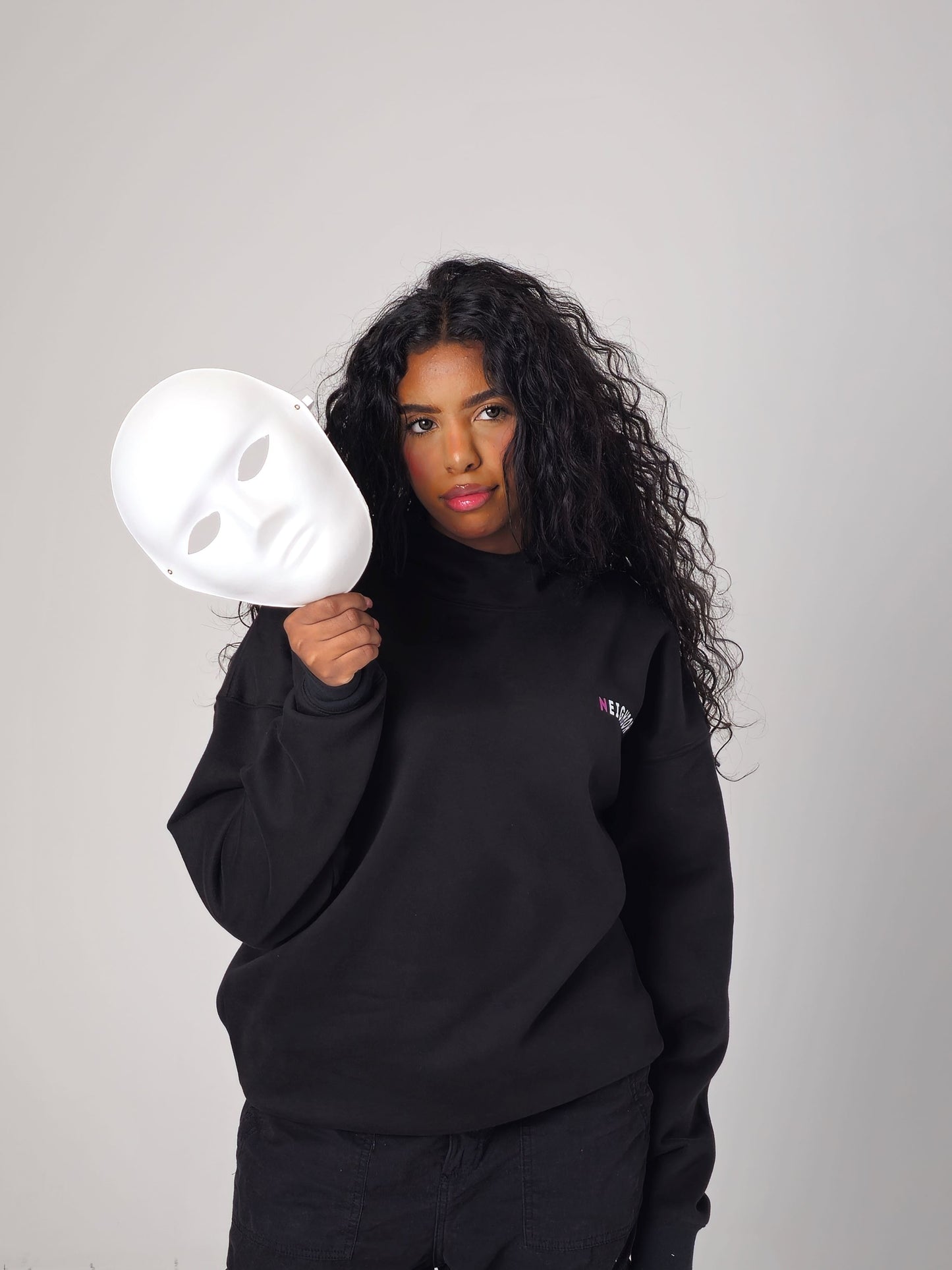 NEIGHBOR STAY TRUE OVERSIZED HIGH NECK HOODIE - BLACK